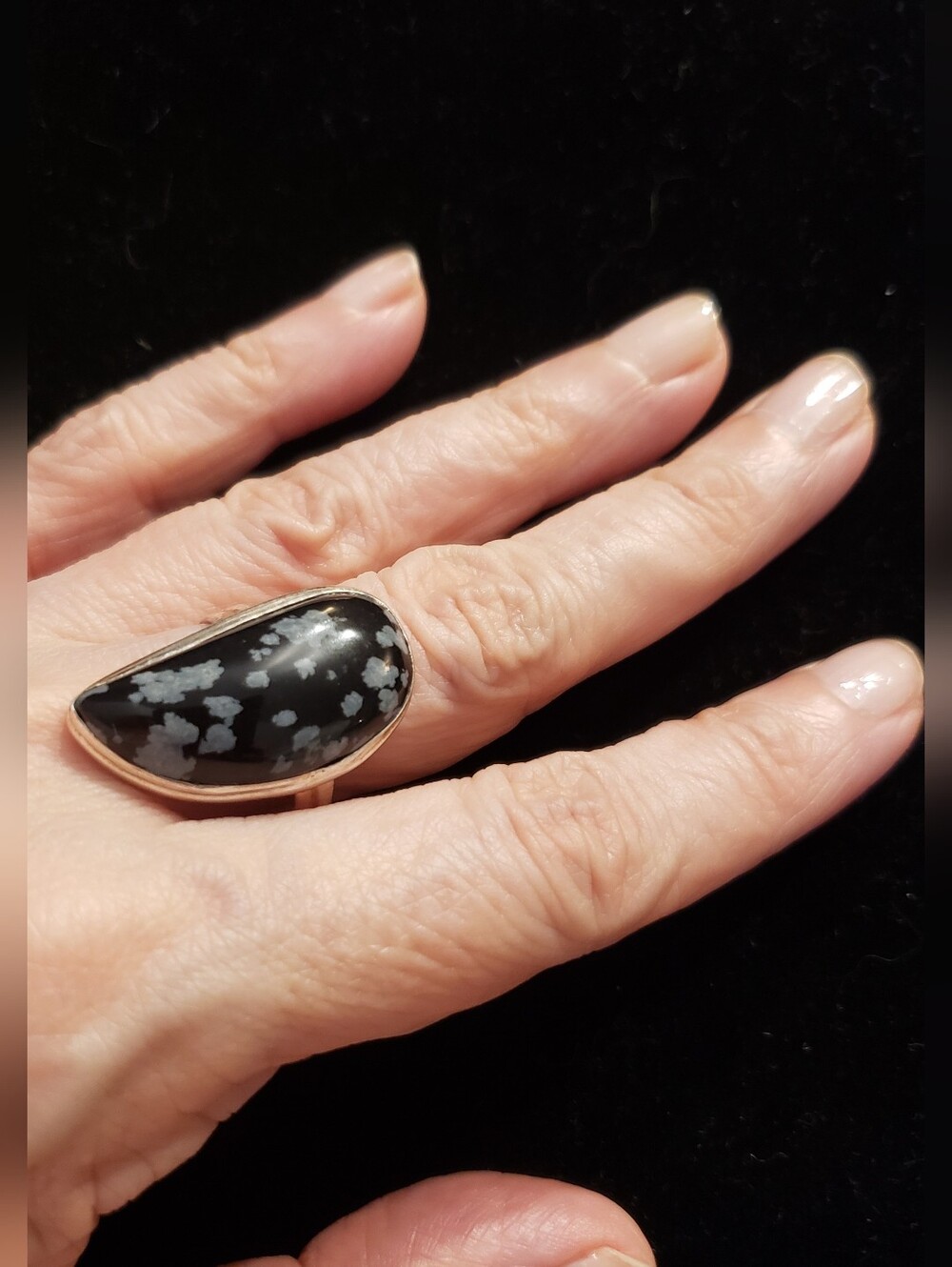 NEW Snowflake Obsidian Statement Ring, Stamped 925 Silver, Sz 8, Unisex, Natural